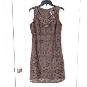 Ronni Nicole Charcoal Grey Jewel Embellished Lace Sheath Dress Size 6